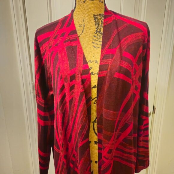 Chico’s Red Abstract Print  Extra Long Open Cardigan Size XL - Picture 2 of 9